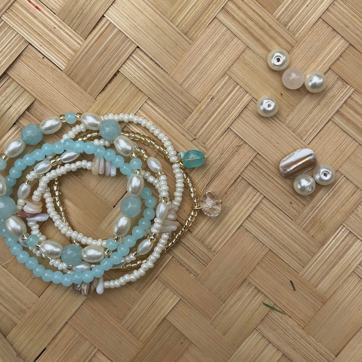 Ocean Serenity: Set of 6 Blue Color Bead and Pearl Blend Bracelets